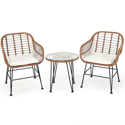 3-Piece Rattan Bistro Set with Cushions and Glass Table 2 brown wicker chairs with white cushions on Tampa Home & Garden Store