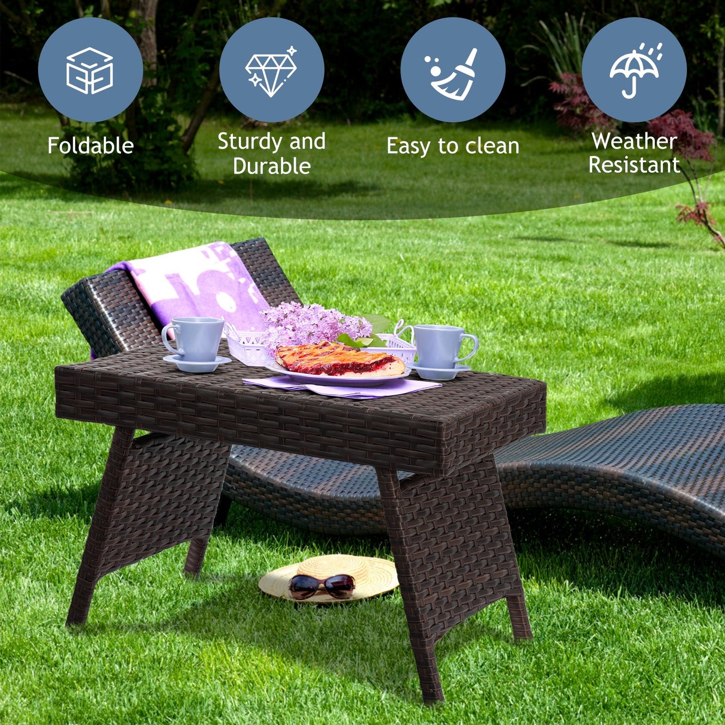 Mesa auxiliar plegable de ratán PE para patio/jardín - Marrón