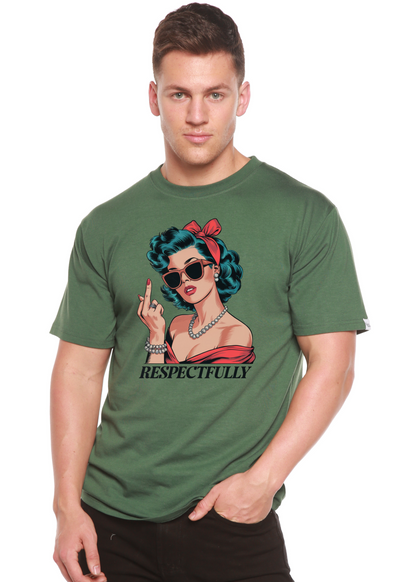 Respectfully Middle Finger Unisex Bamboo/Cotton Graphic T-Shirt green with retro pinup on Tampa Home & Garden Store