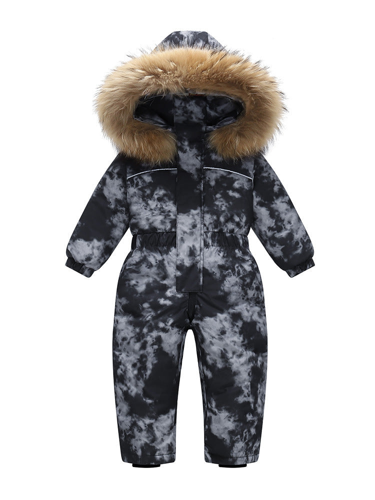 Stevvex kids' snow jumpsuit with fur-trim hood, black-gray tie-dye puffer outerwear on Tampa Home & Garden Store