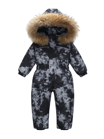 Stevvex kids' snow jumpsuit with fur-trim hood, black-gray tie-dye puffer outerwear on Tampa Home & Garden Store