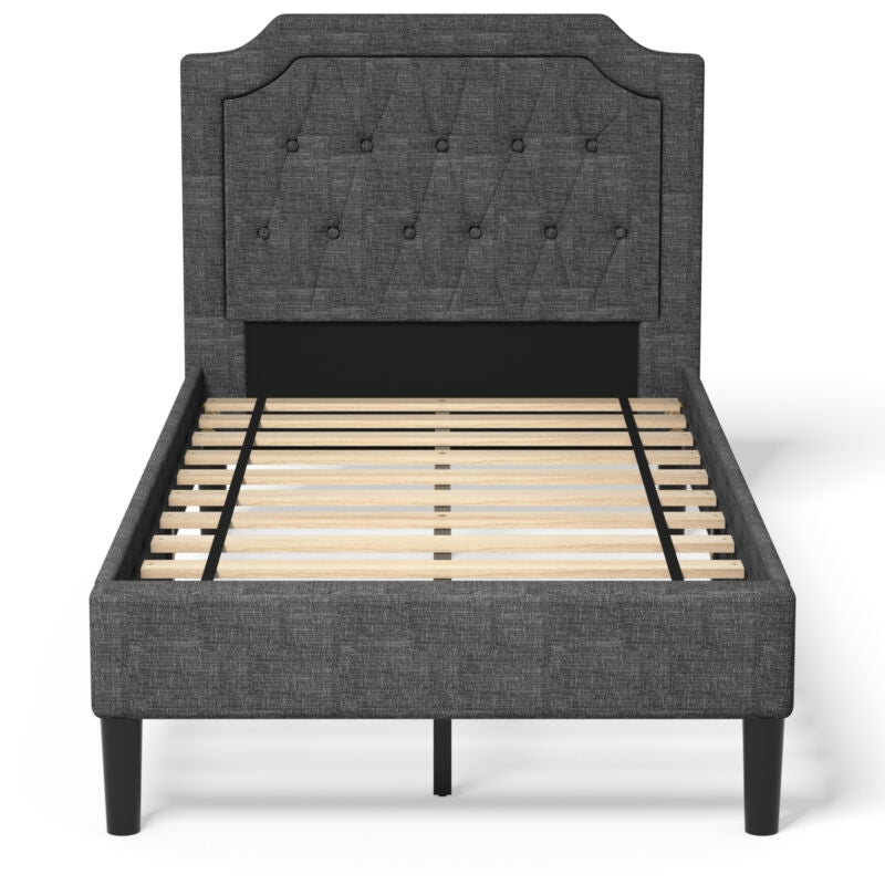 Cama Plataforma Tapizada Gemela de Lino con Cabecero y Base de Colchón