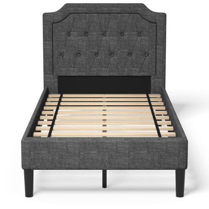 Cama Plataforma Tapizada Gemela de Lino con Cabecero y Base de Colchón