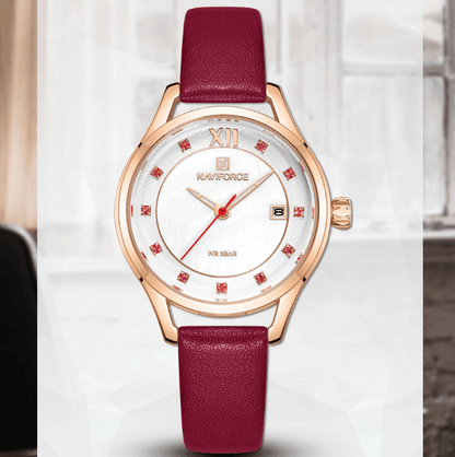 Women's NAVIFORCE watch with rose gold case, burgundy leather strap, date window on Tampa Home & Garden Store