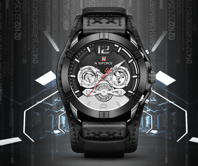 Naviforce men's leather waterproof watch with chronographs and fluorescent hands, dial, strap on Tampa Home & Garden Store