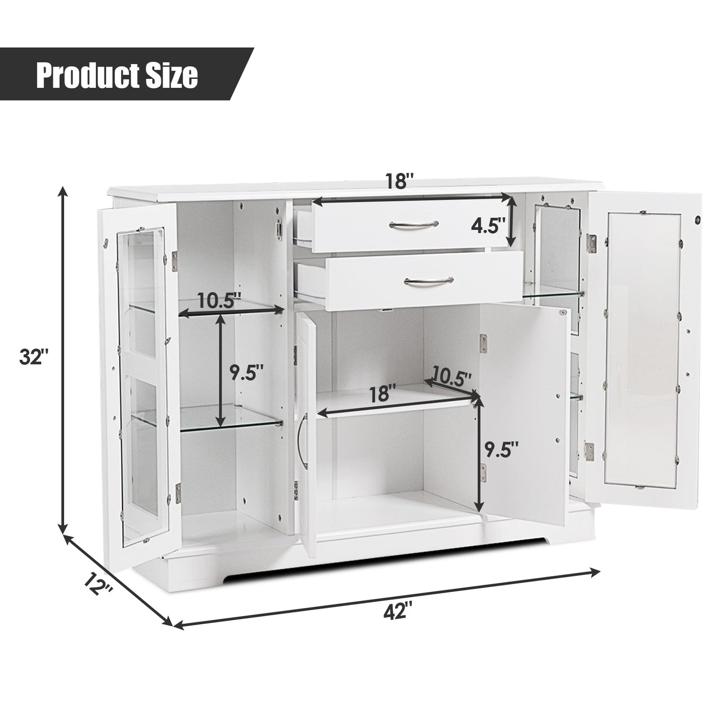 Aparador Auxiliar con 2 Cajones y Puertas de Cristal - Blanco