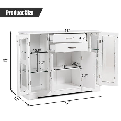 Aparador Auxiliar con 2 Cajones y Puertas de Cristal - Blanco