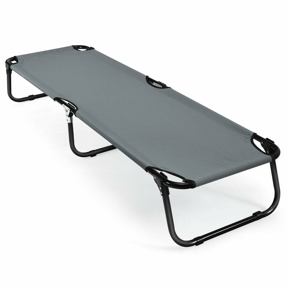 GemGear outdoor folding camping cot in gray fabric with black steel frame on Tampa Home & Garden Store