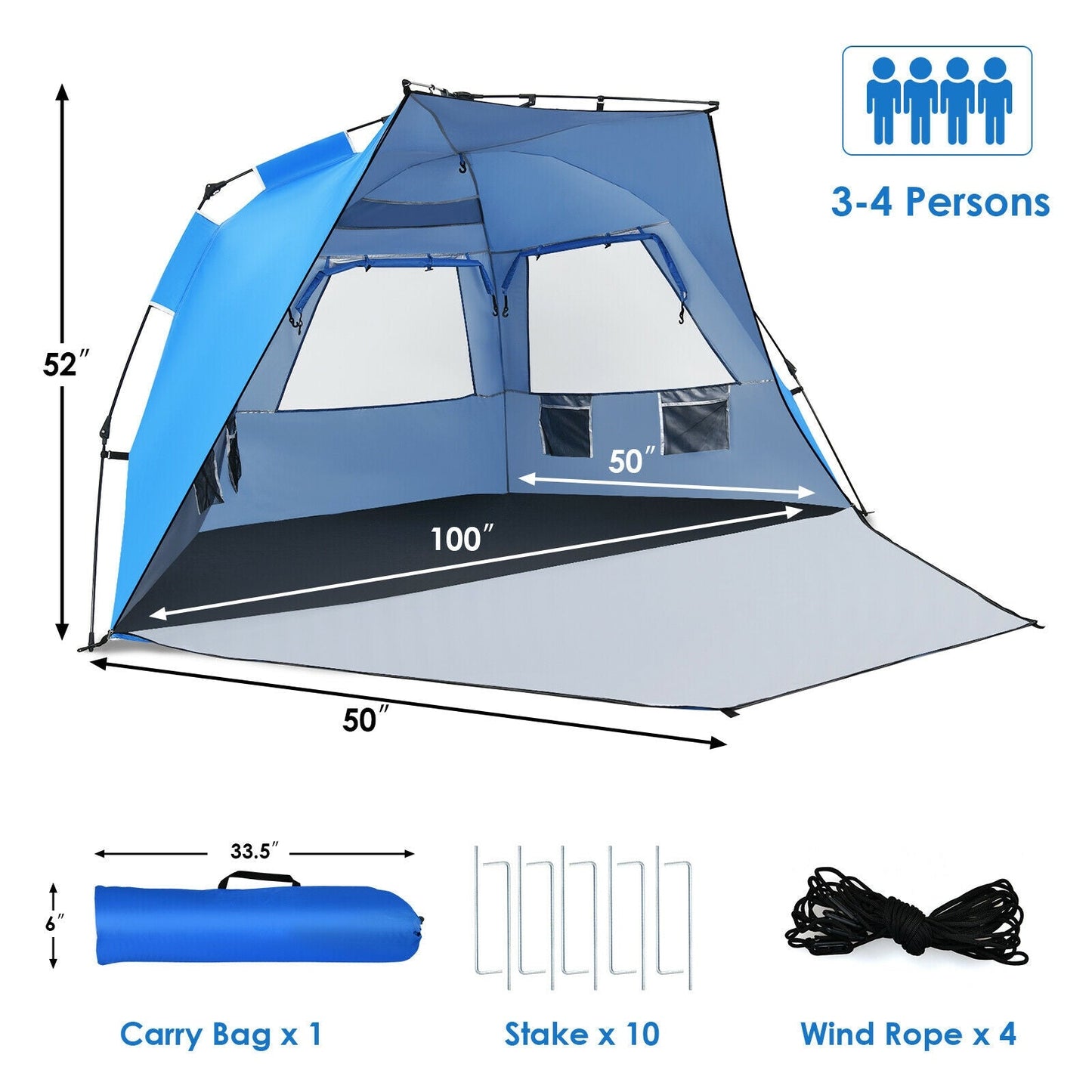 GemGear 3-4 Person Pop Up Beach Tent UPF 50+ blue portable sun shelter on Tampa Home & Garden Store