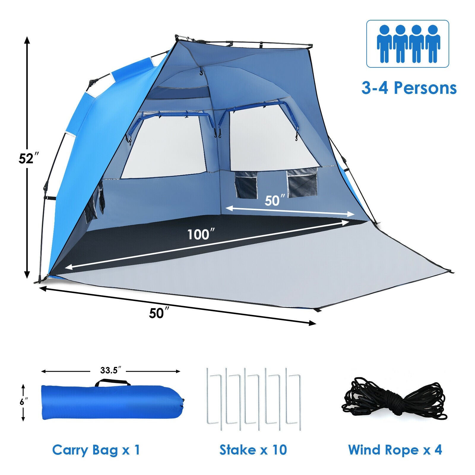 GemGear 3-4 Person Pop Up Beach Tent UPF 50+ blue portable sun shelter on Tampa Home & Garden Store