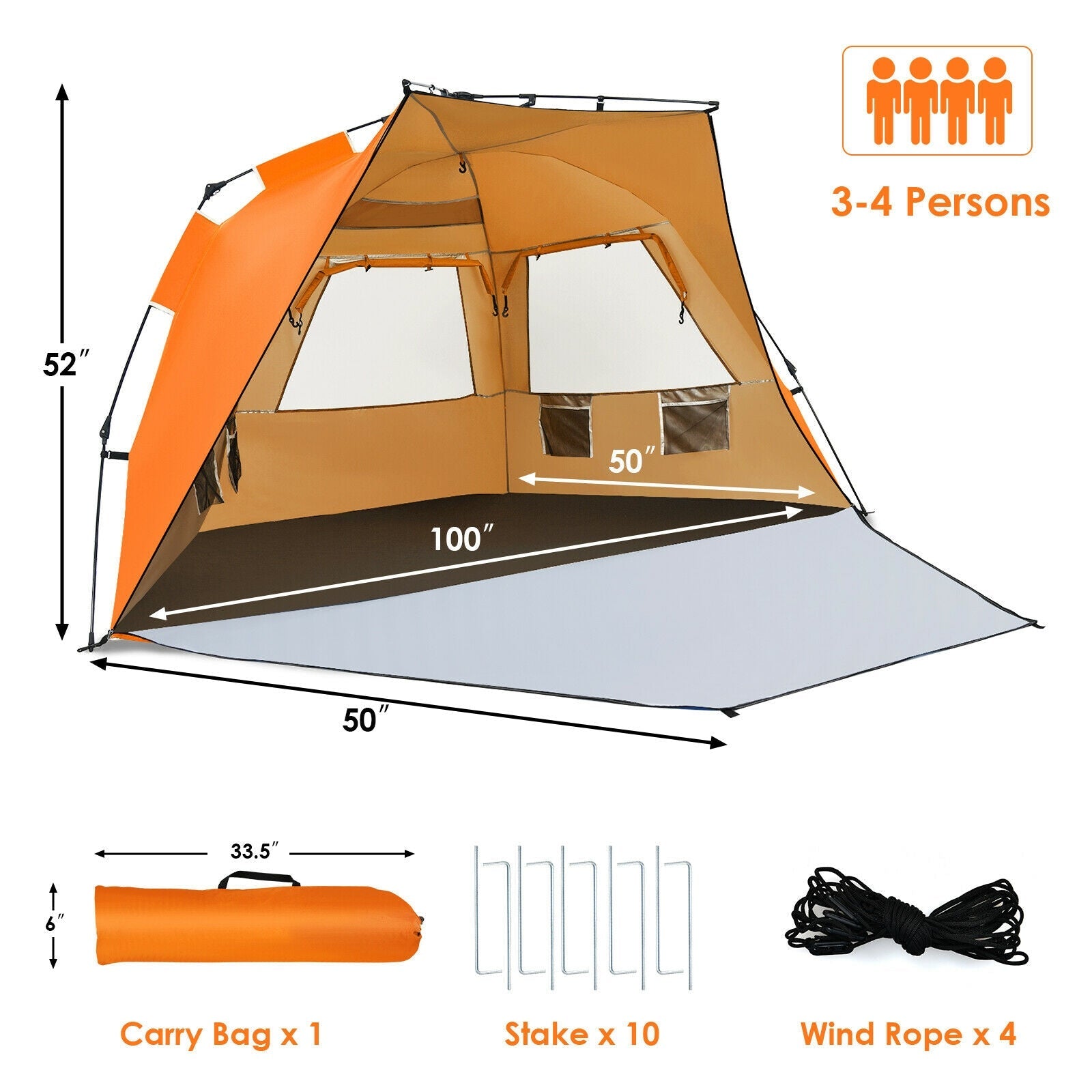 GemGear 3-4 Person Easy Pop Up Beach Tent UPF 50+ orange sun shelter, carry bag, 10 stakes, 4 wind ropes on Tampa Home & Garden Store