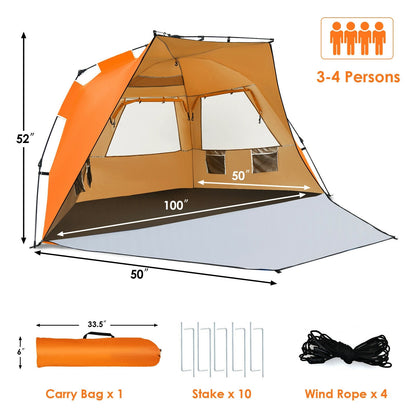 GemGear 3-4 Person Easy Pop Up Beach Tent UPF 50+ orange sun shelter, carry bag, 10 stakes, 4 wind ropes on Tampa Home & Garden Store