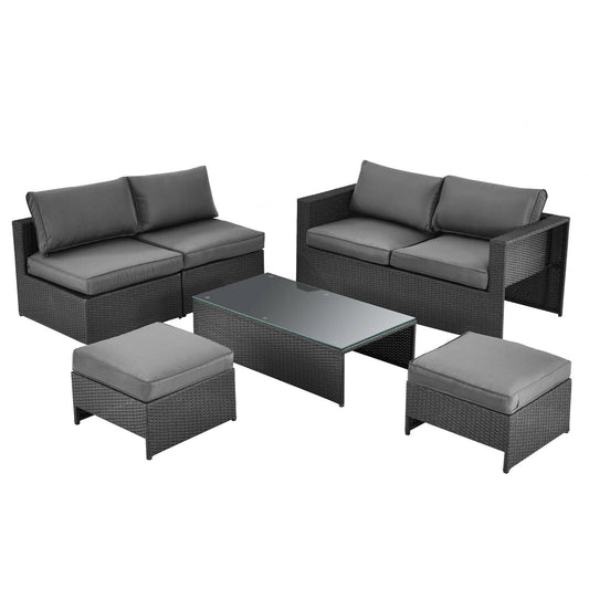 6 Pieces Patio Rattan Furniture Set with Glass Table and Cushioned Seat-Gray - Tampa Home & Garden Store