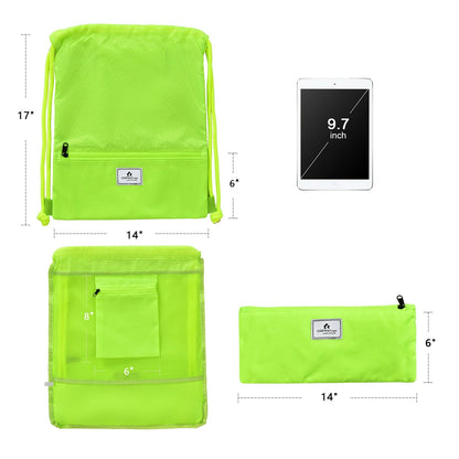 Drawstring backpack neon green with zip pocket and foldable design Costway patch on front on Tampa Home & Garden Store