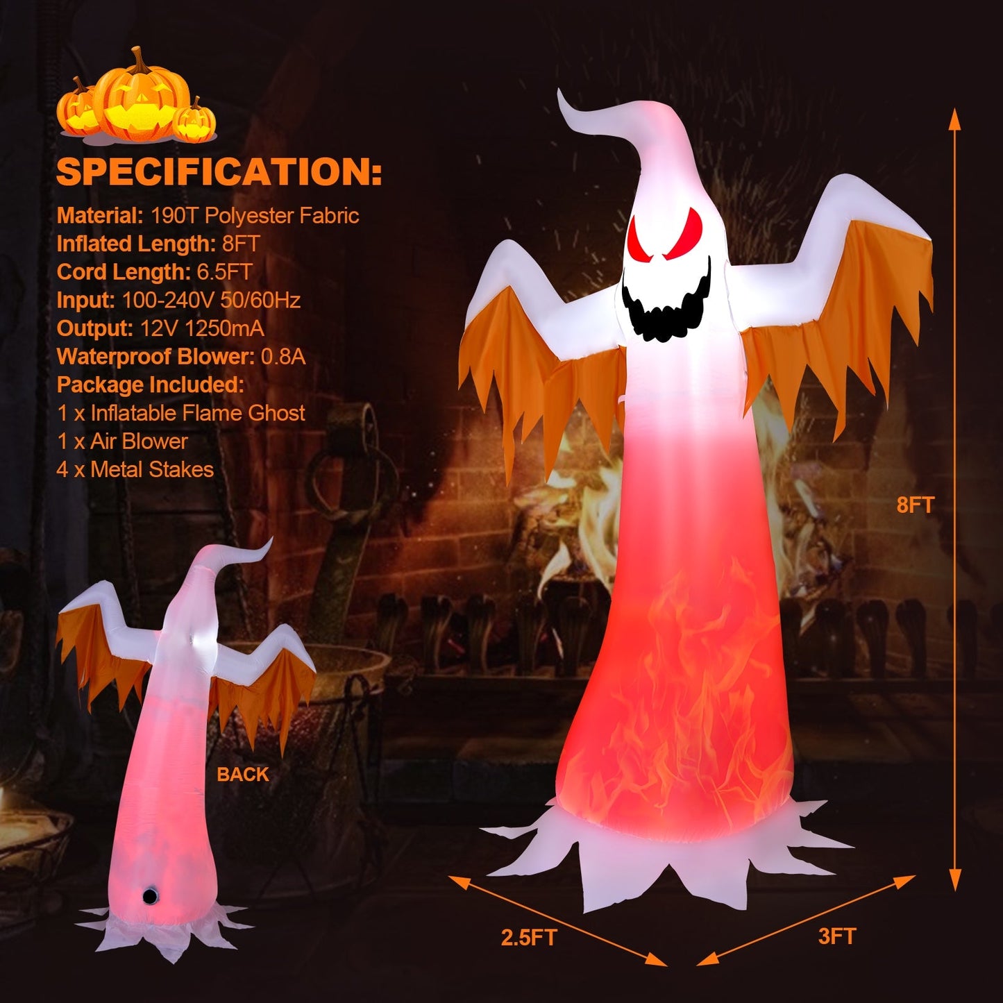 8ft Halloween Inflatable Ghost with Rotating Flame LED Lights, white ghost with orange base on Tampa Home & Garden Store