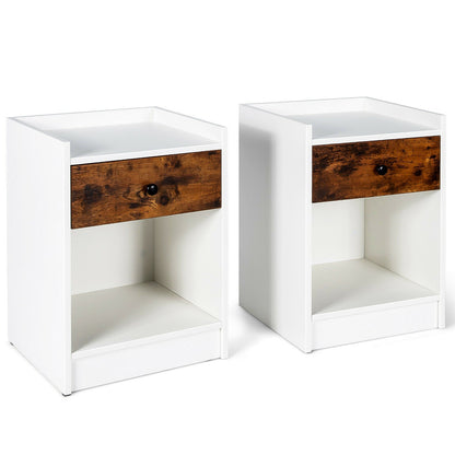 Juego de 2 mesitas de noche con cajón, mesa auxiliar con parte superior elevada - Blanco