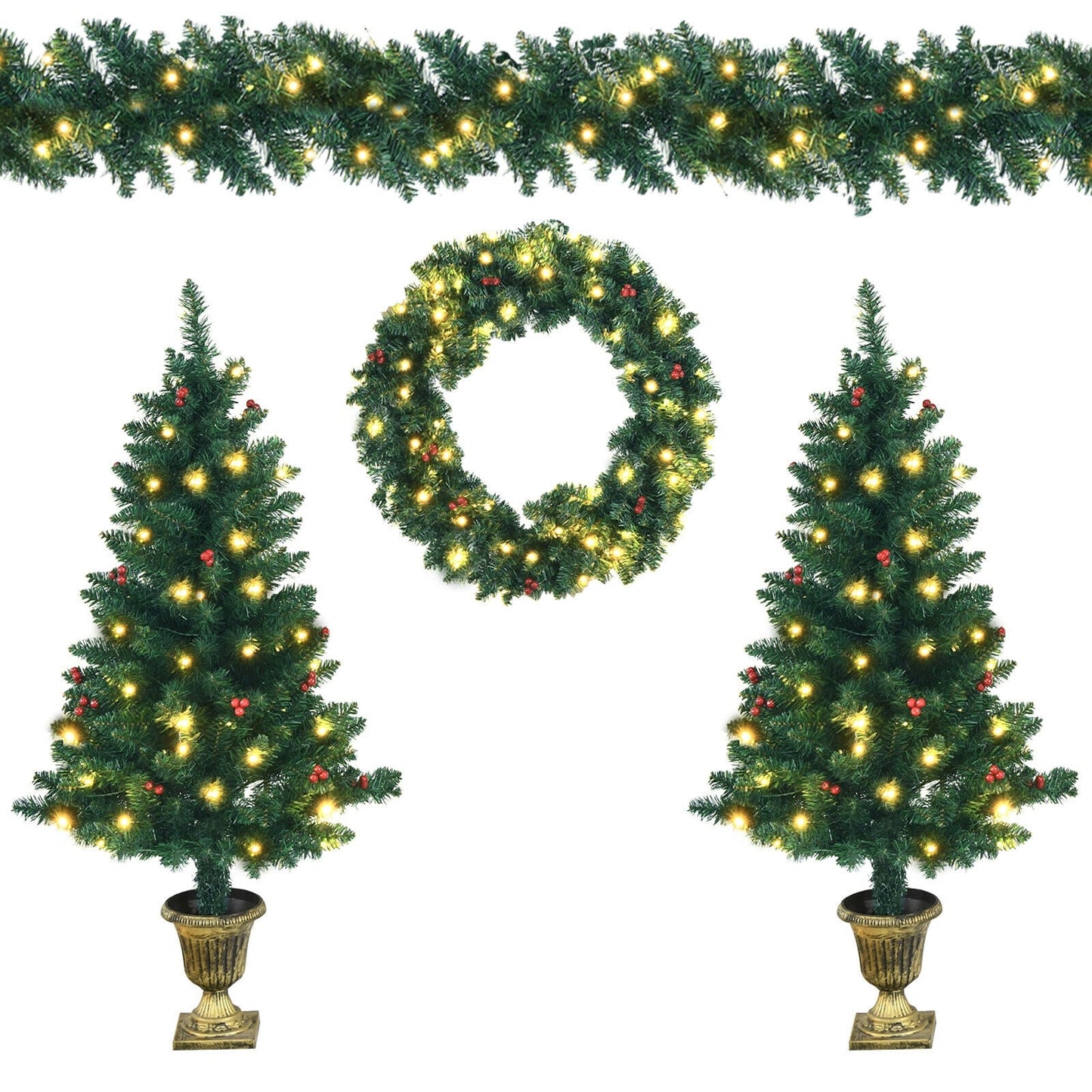 4-Piece Christmas set with garland, wreath and two lit entrance trees in green foliage on Tampa Home & Garden Store