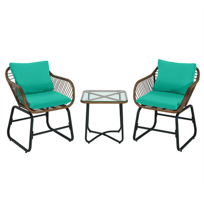 Juego de bistró de ratán para patio de 3 piezas, silla acolchada, mesa de cristal, para terraza, blanco