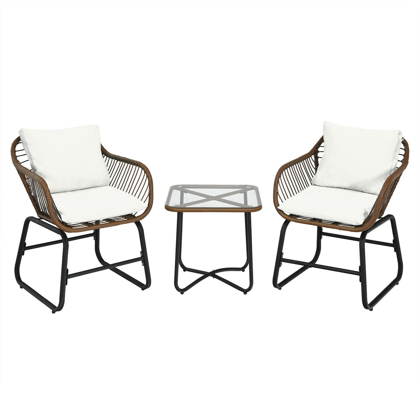 Juego de bistró de ratán para patio de 3 piezas, silla acolchada, mesa de cristal, para terraza, blanco
