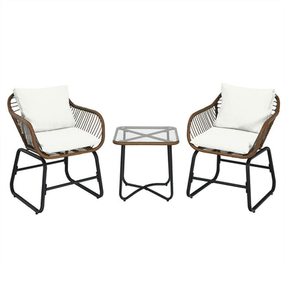 Juego de bistró de ratán para patio de 3 piezas, silla acolchada, mesa de cristal, para terraza, blanco