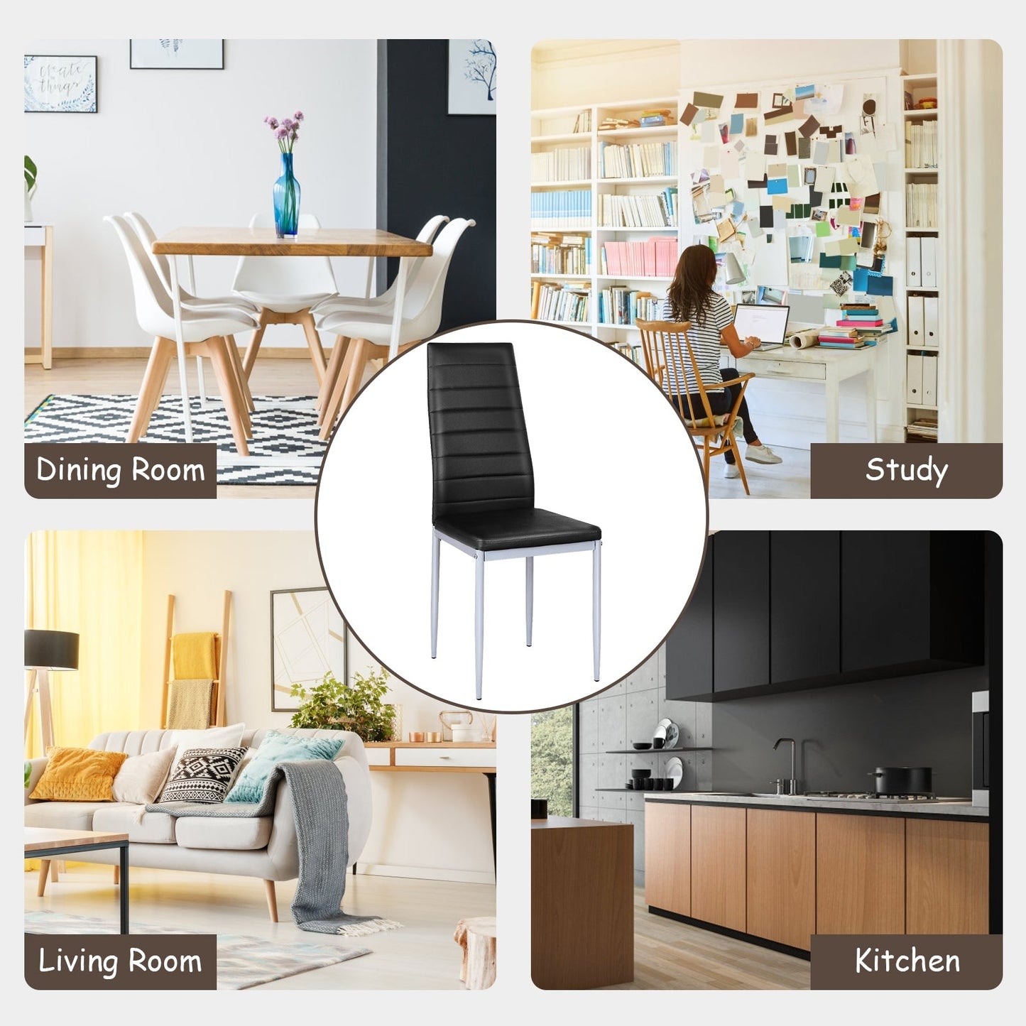 4 sillas laterales de comedor de cuero PVC de diseño elegante -Negro