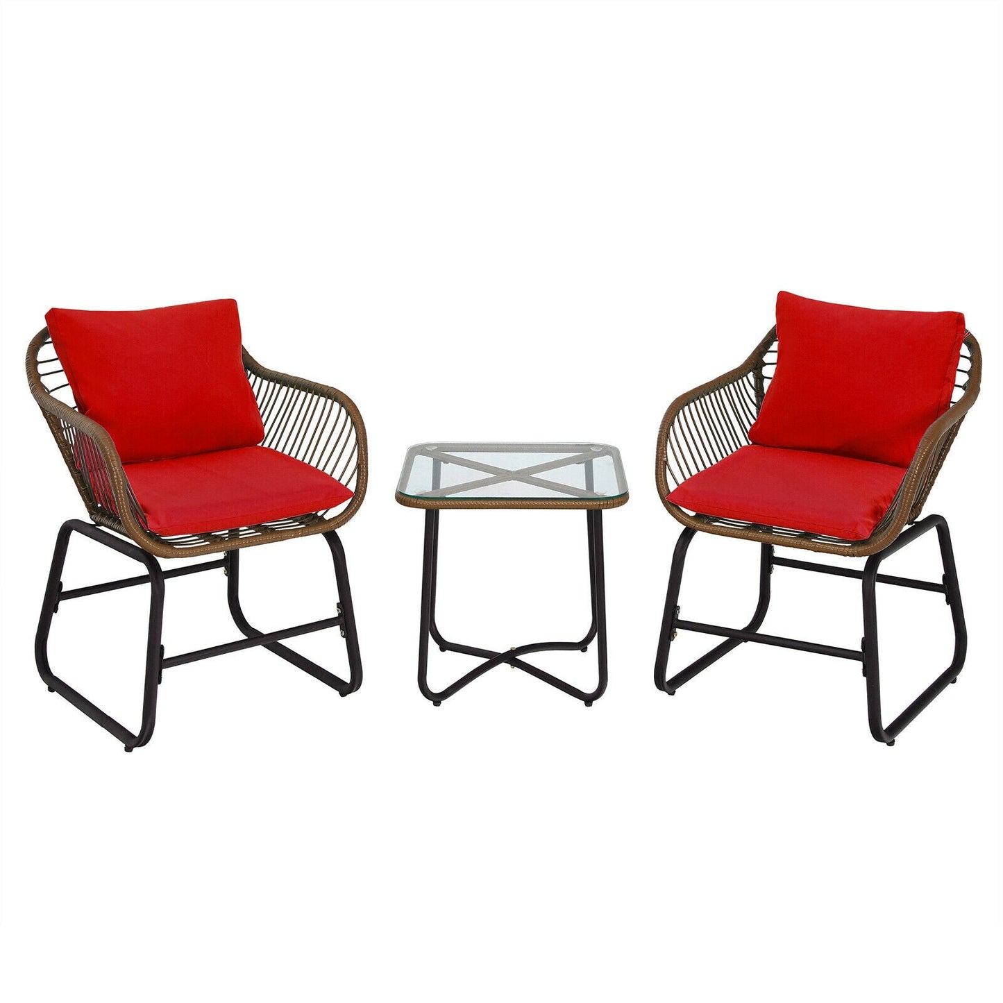 Juego de bistró de ratán para patio de 3 piezas, silla acolchada, mesa de cristal, para terraza, blanco