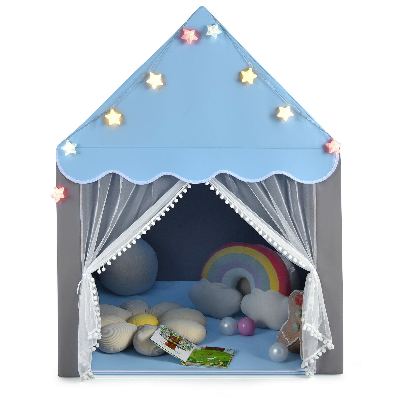 GemGear kids playhouse tent with blue roof, star lights and sheer curtains inside on Tampa Home & Garden Store