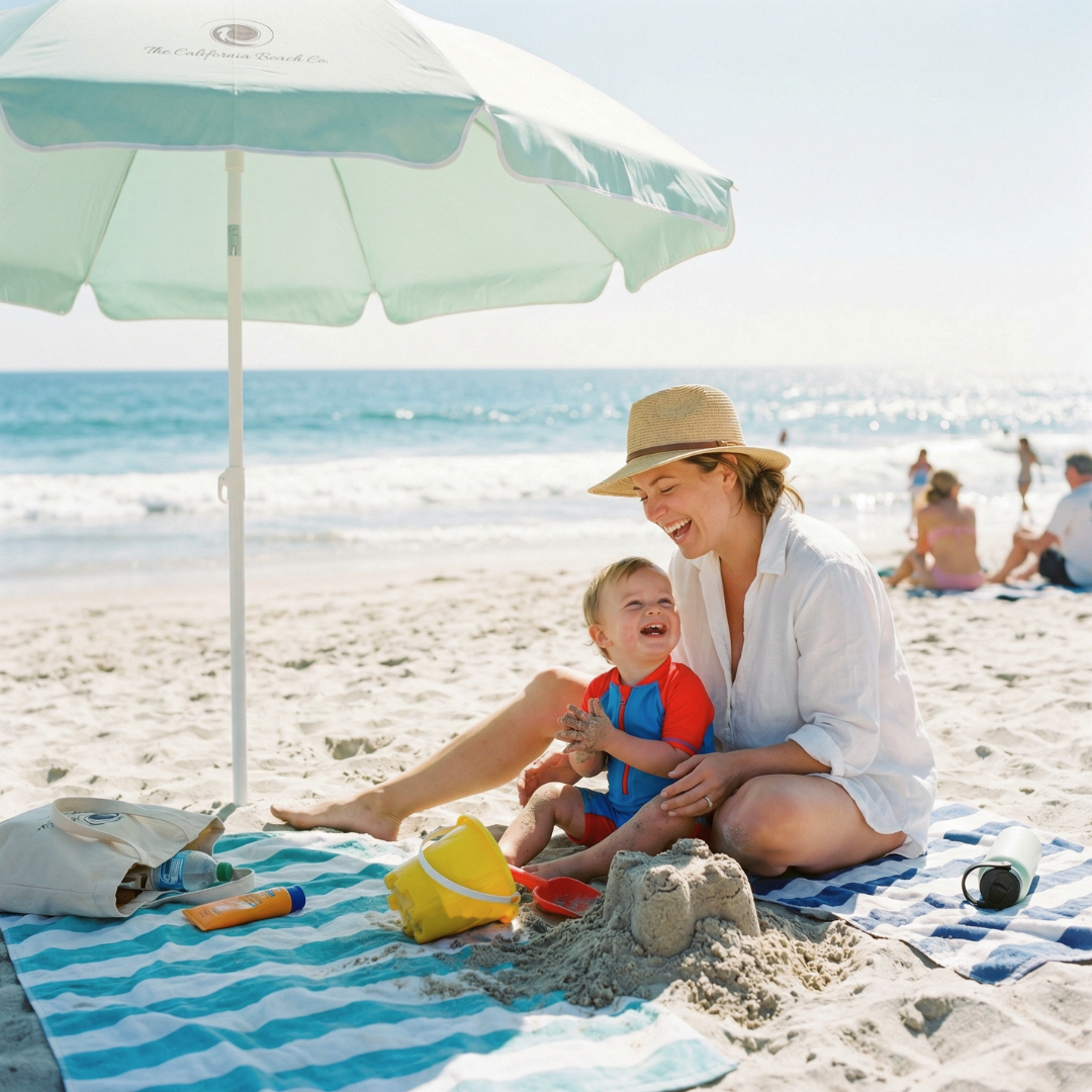 The Coastline Beach Towel blue white striped on sand under a green umbrella on Tampa Home & Garden Store
