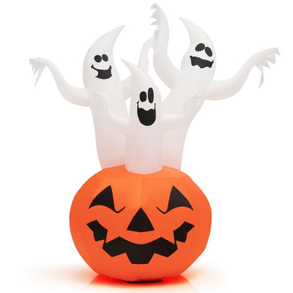 6 Feet Inflatable Halloween Ghosts with Pumpkin Decor and Rotating Lamp, white ghosts atop orange jack-o'-lantern base on Tampa Home & Garden Store