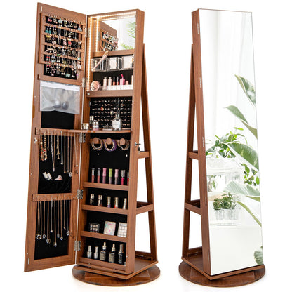 360° Rotating Mirrored Jewelry Cabinet Armoire 3 Color LED Modes Lockable-Dark Brown