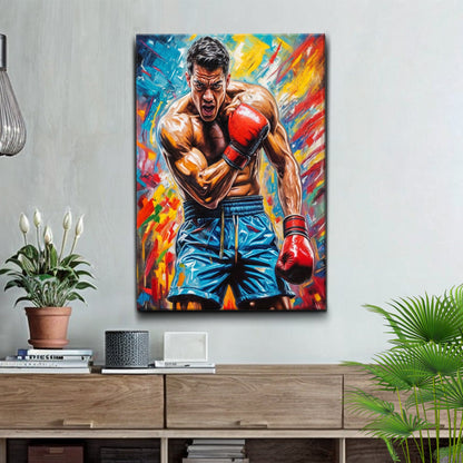 Fury - Sport Wall Art canvas boxing portrait with red gloves on a vibrant colorful background on Tampa Home & Garden Store