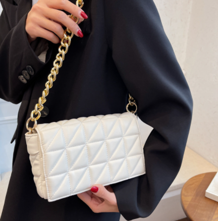 Stevvex white quilted shoulder bag with thick gold chain strap on Tampa Home & Garden Store