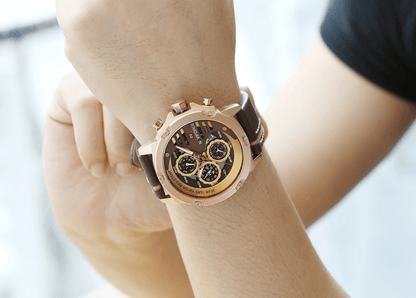 Men's Stevvex sports waterproof chronograph watch with brown leather strap and rose-gold case on Tampa Home & Garden Store