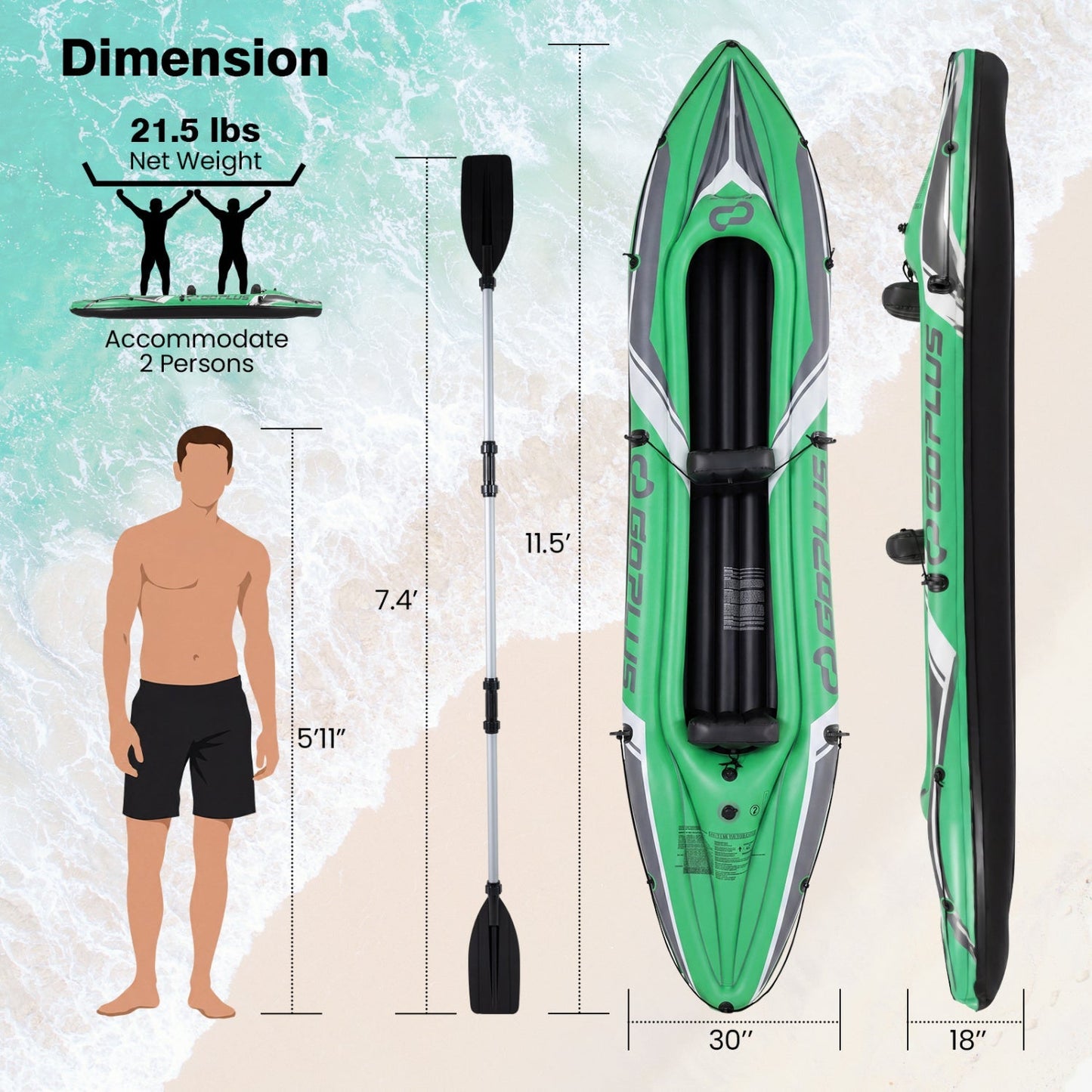 GemGear Inflatable Kayak 2-Person, 11.5 ft, with aluminum paddles, green and gray design on Tampa Home & Garden Store