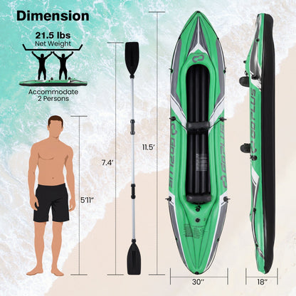 GemGear Inflatable Kayak 2-Person, 11.5 ft, with aluminum paddles, green and gray design on Tampa Home & Garden Store