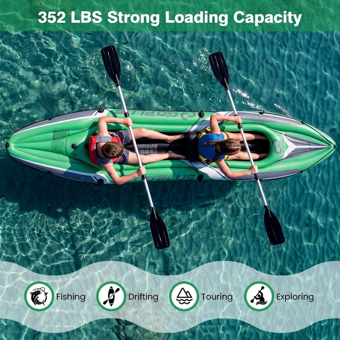 GemGear inflatable kayak, 2-person, 11.5 ft, green/gray with aluminum paddles on Tampa Home & Garden Store