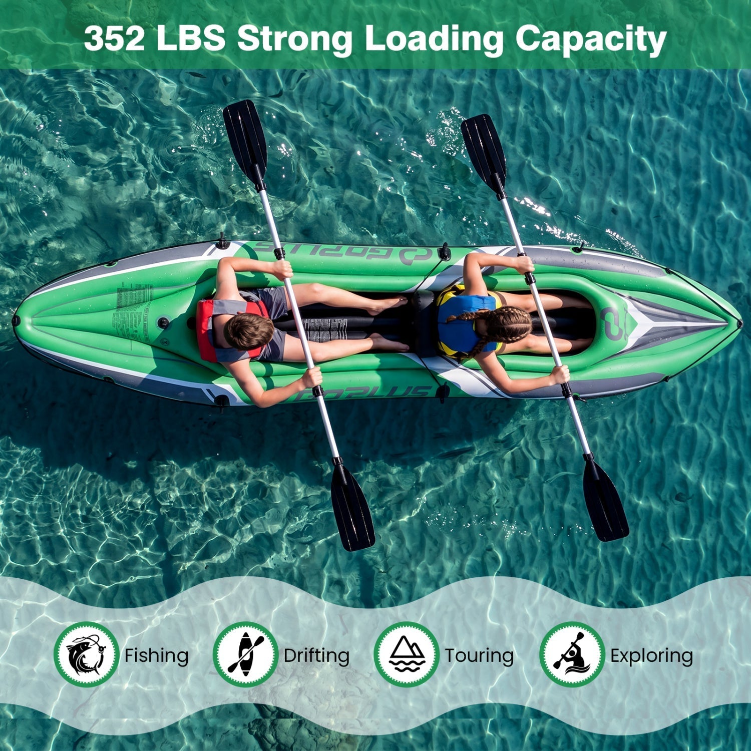 GemGear inflatable kayak, 2-person, 11.5 ft, green/gray with aluminum paddles on Tampa Home & Garden Store