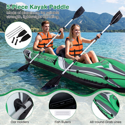 GemGear 2-person inflatable kayak 11.5 ft with aluminum paddles and orange life jackets on lake on Tampa Home & Garden Store