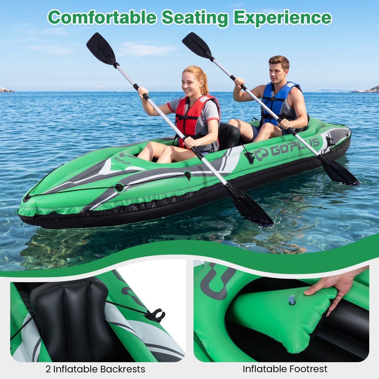 GemGear inflatable kayak 2-person, 11.5 ft with aluminum paddles, green/gray on Tampa Home & Garden Store