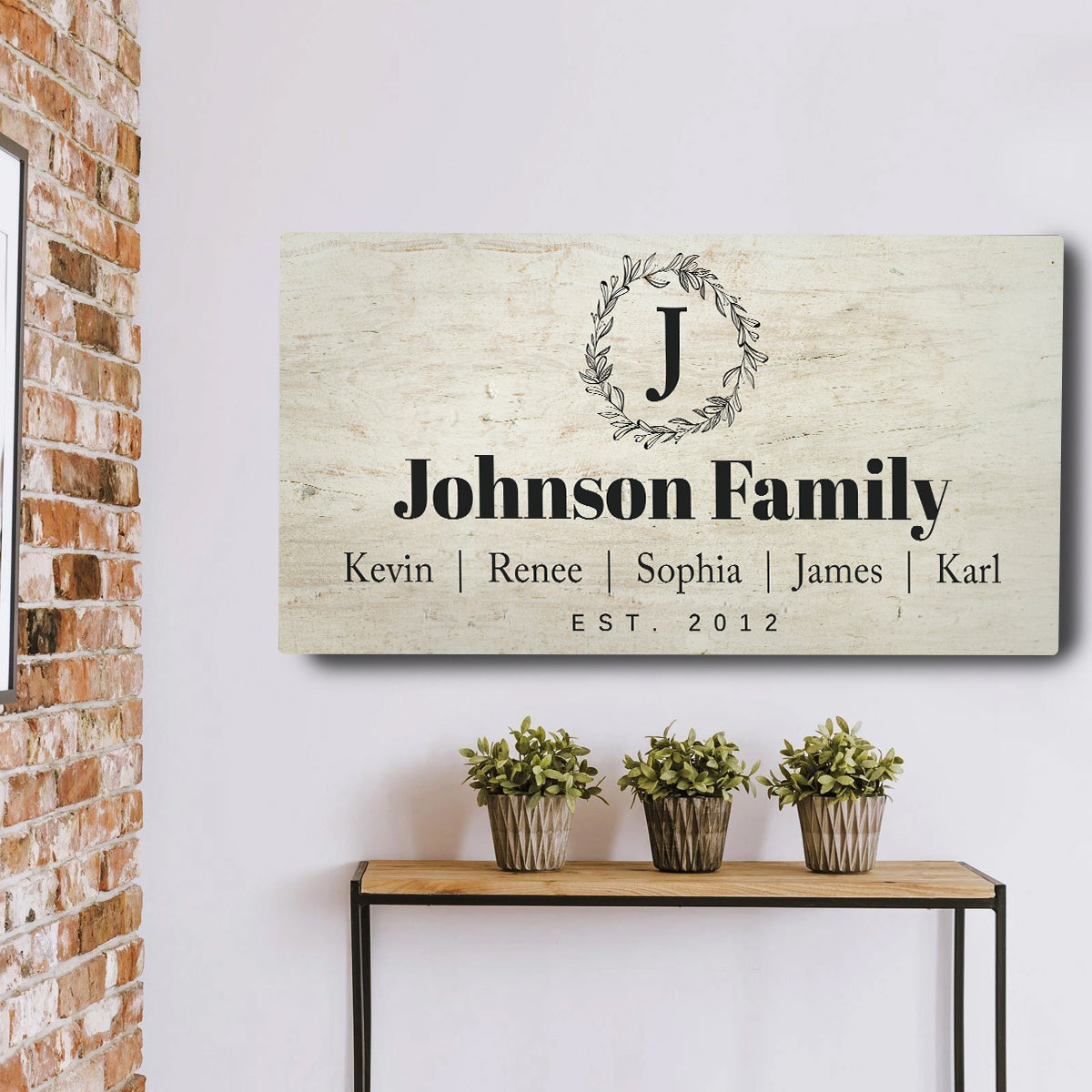 Personalized rustic family sign canvas wall art with J wreath and Johnson family EST 2012 on Tampa Home & Garden Store