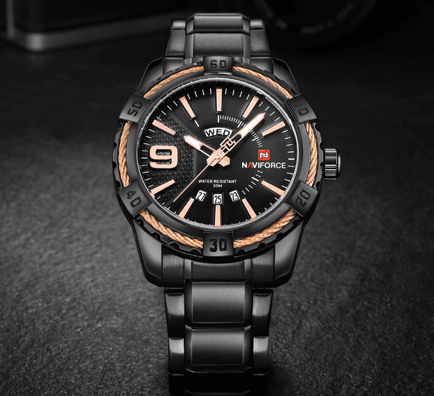 Men's stainless steel waterproof watch with day/date, black dial, orange bezel Naviforce on Tampa Home & Garden Store