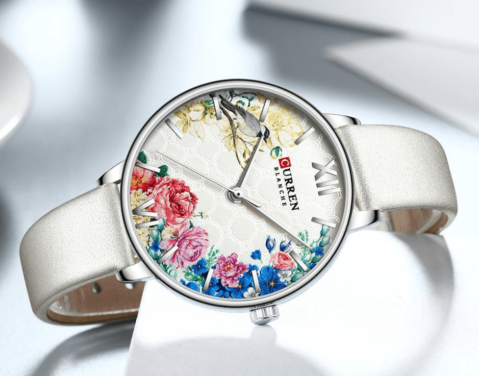 Women's Stevvex watch with decoupage floral dial and large Roman numerals, white strap on Tampa Home & Garden Store