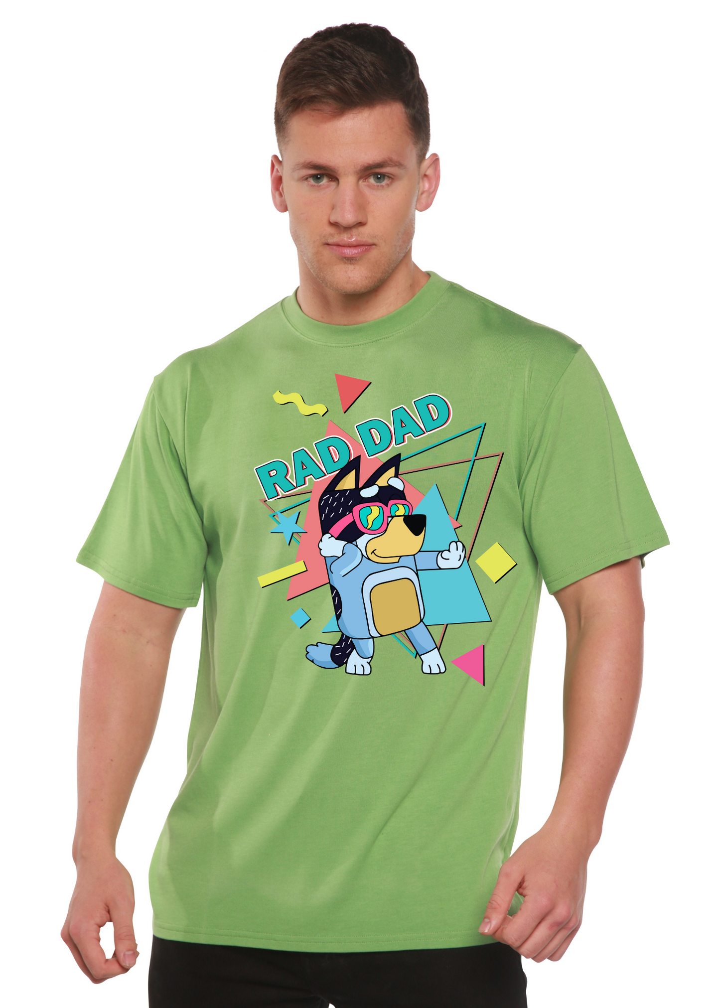 Rad Dad men's bamboo graphic tee in green with colorful dog on scooter and RAD DAD text on Tampa Home & Garden Store