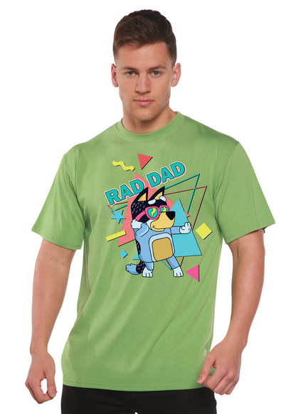 Rad Dad men's bamboo graphic tee in green with colorful dog on scooter and RAD DAD text on Tampa Home & Garden Store