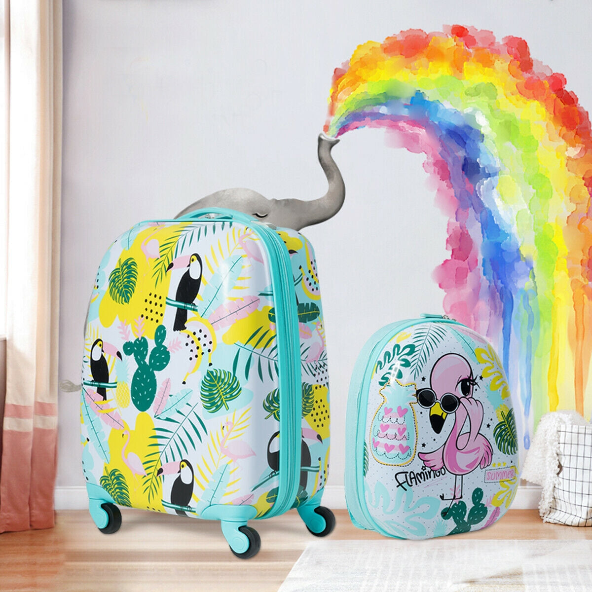 GemGear 2-piece kids luggage: aqua rolling suitcase and flamingo backpack; 4 spinner wheels on Tampa Home & Garden Store