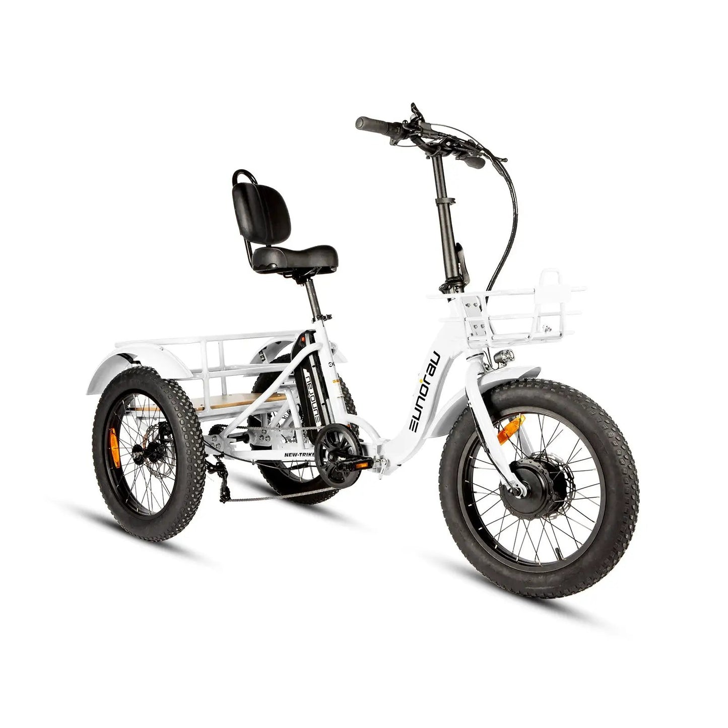 Electric Trike Foldable City Model 2.0 EUNORAU white-frame tricycle with black seat and basket on Tampa Home & Garden Store