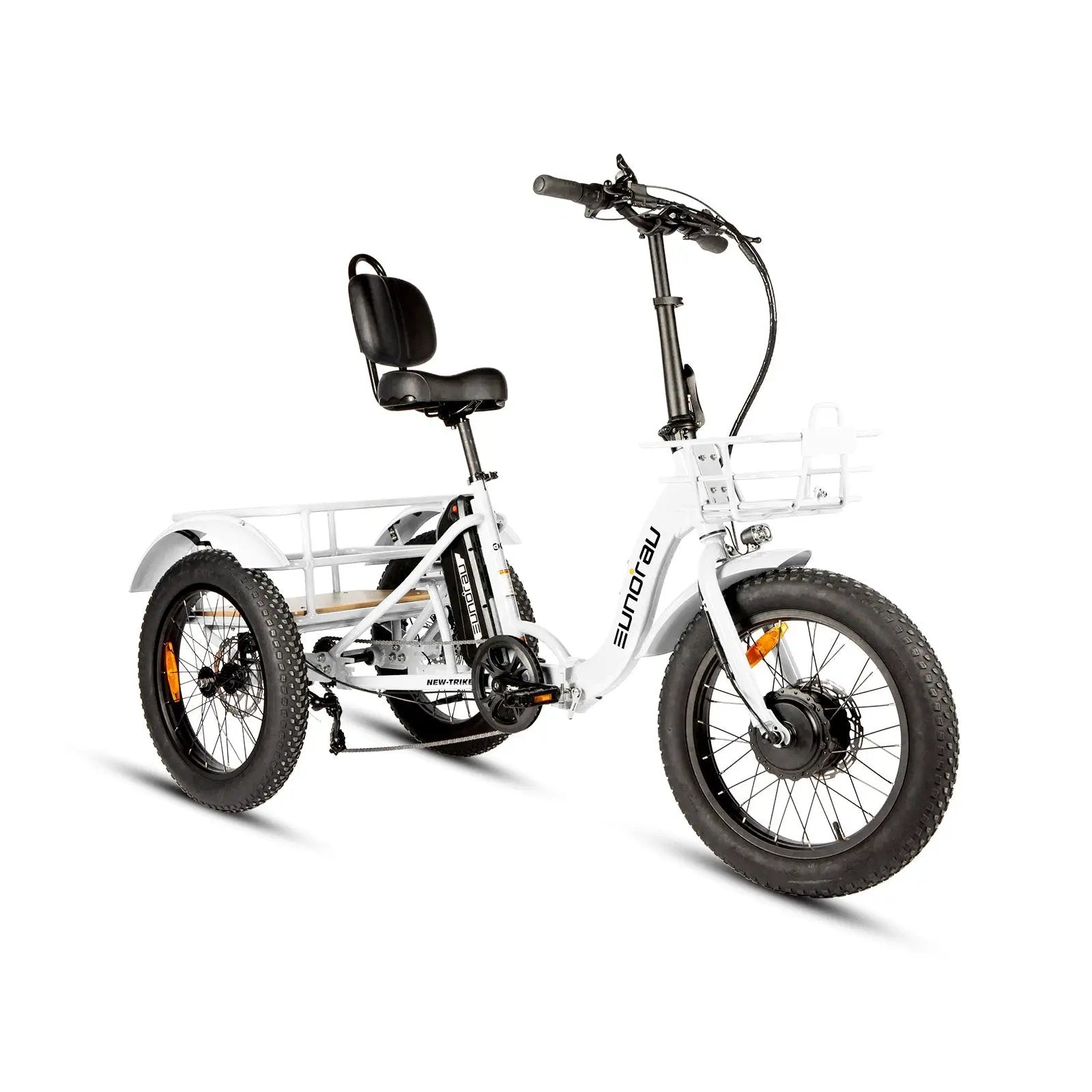 Electric Trike Foldable City Model 2.0 EUNORAU white-frame tricycle with black seat and basket on Tampa Home & Garden Store