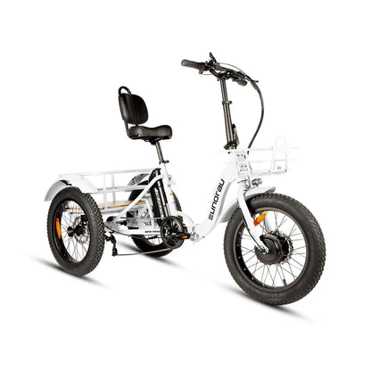 Electric Trike Foldable City Model 2.0 EUNORAU white-frame tricycle with black seat and basket on Tampa Home & Garden Store