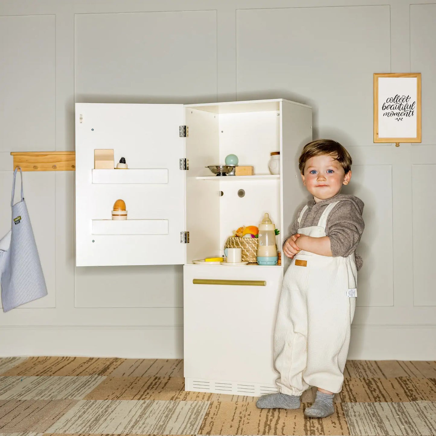 Tiny Land INC Play Kitchen Fridge white wooden toy refrigerator with doors open child beside on Tampa Home & Garden Store