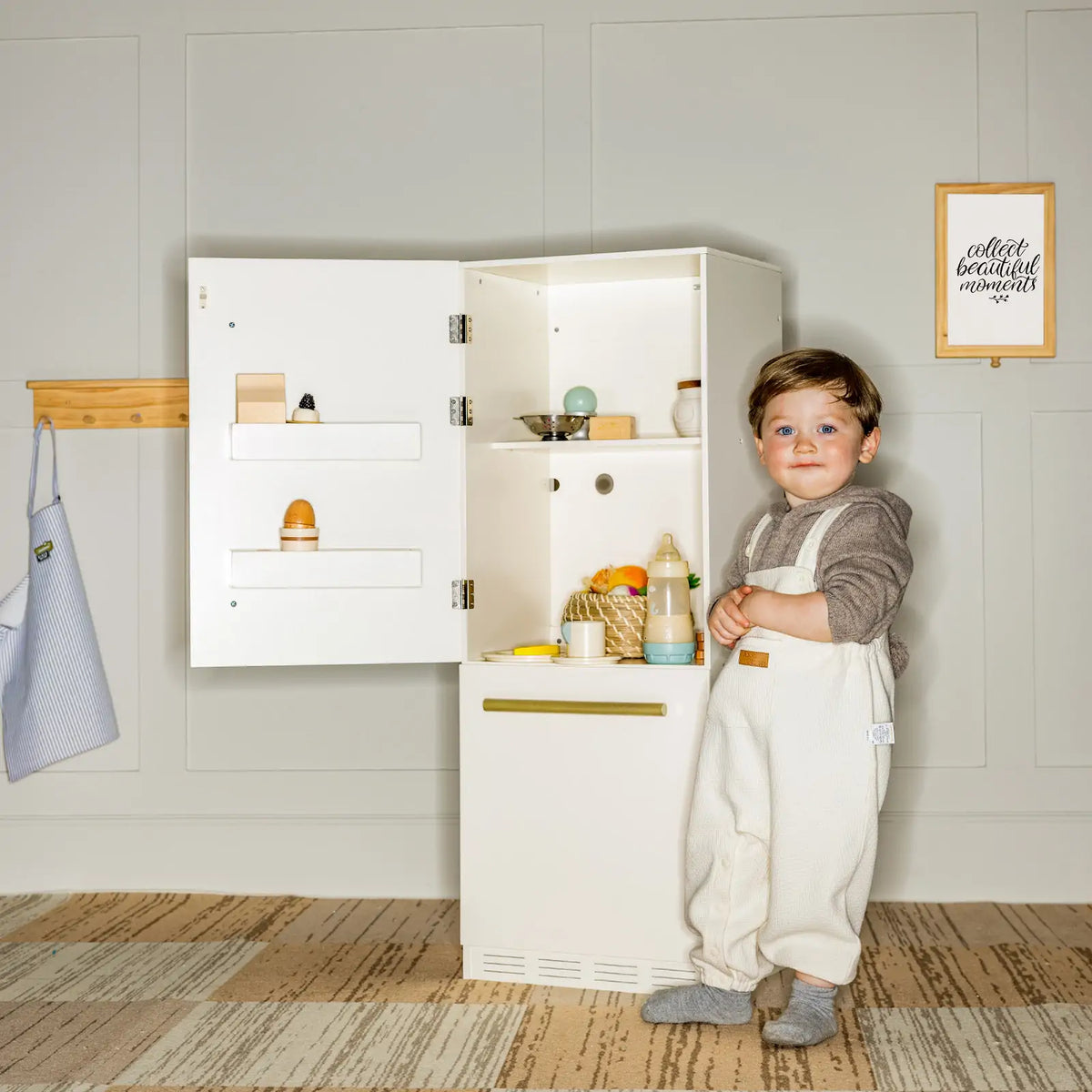 Tiny Land INC Play Kitchen Fridge white wooden toy refrigerator with doors open child beside on Tampa Home & Garden Store